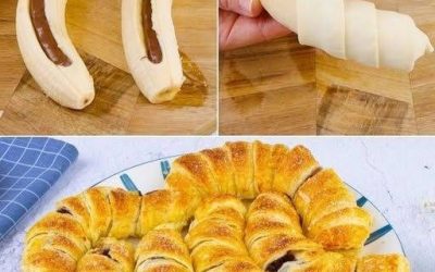 Bananiniai šokoladiniai sluoksniuotos tešlos kruasanai