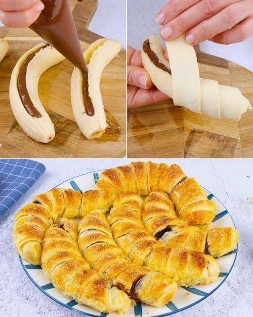 Bananiniai šokoladiniai sluoksniuotos tešlos kruasanai