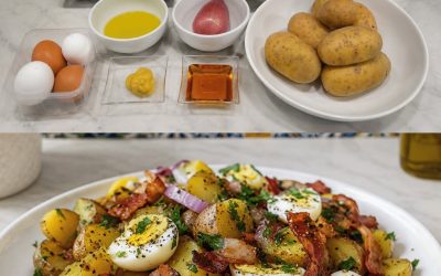 Bulvių salotos su šonine ir kiaušiniais (ultra gurmaniškos ir paprastos)