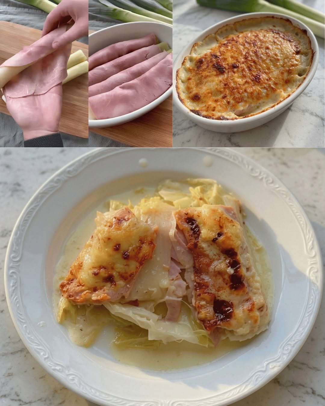 Porų gratinas su kumpio ir bešamelio padažu