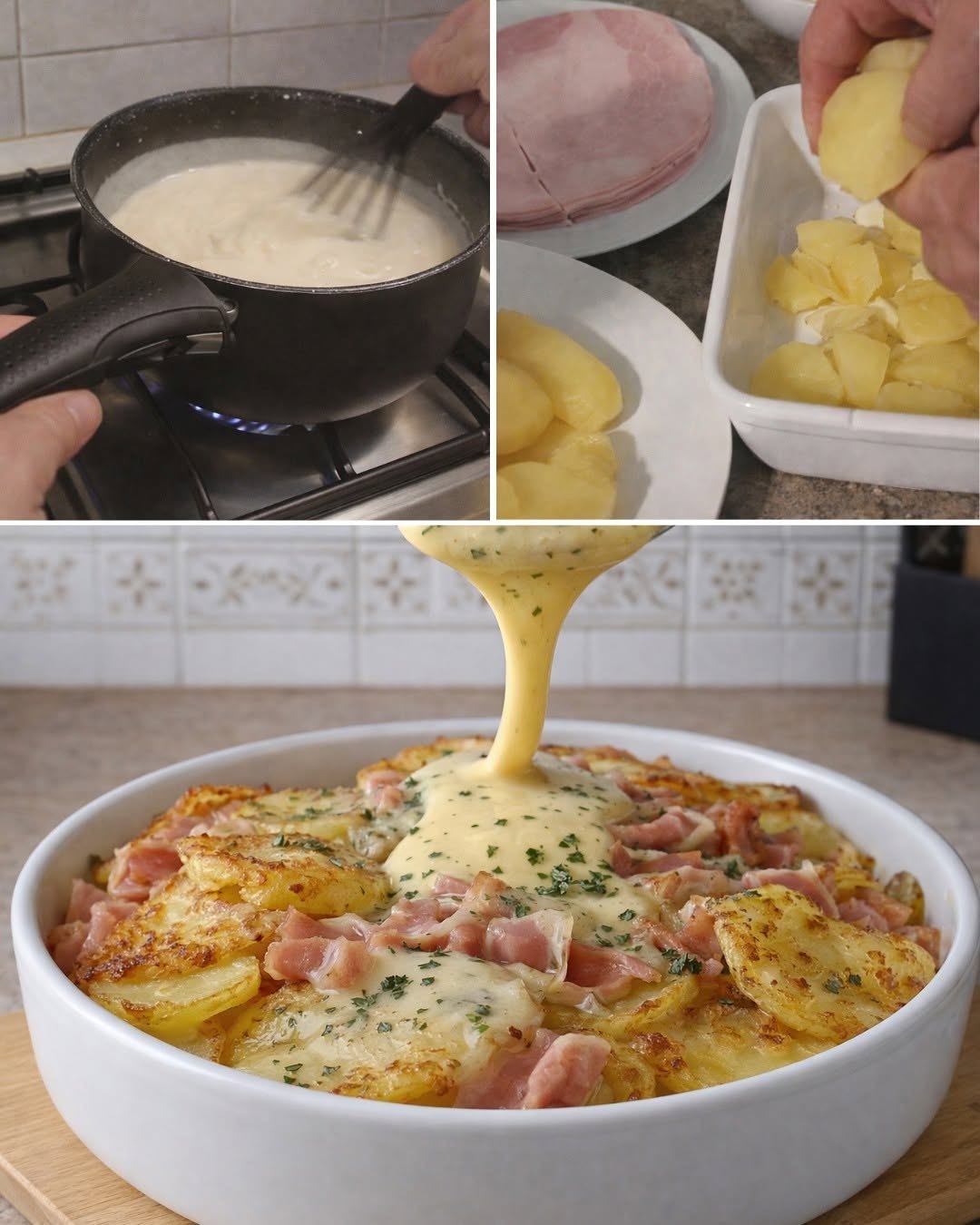 Bulvių ir kumpio gratinas
