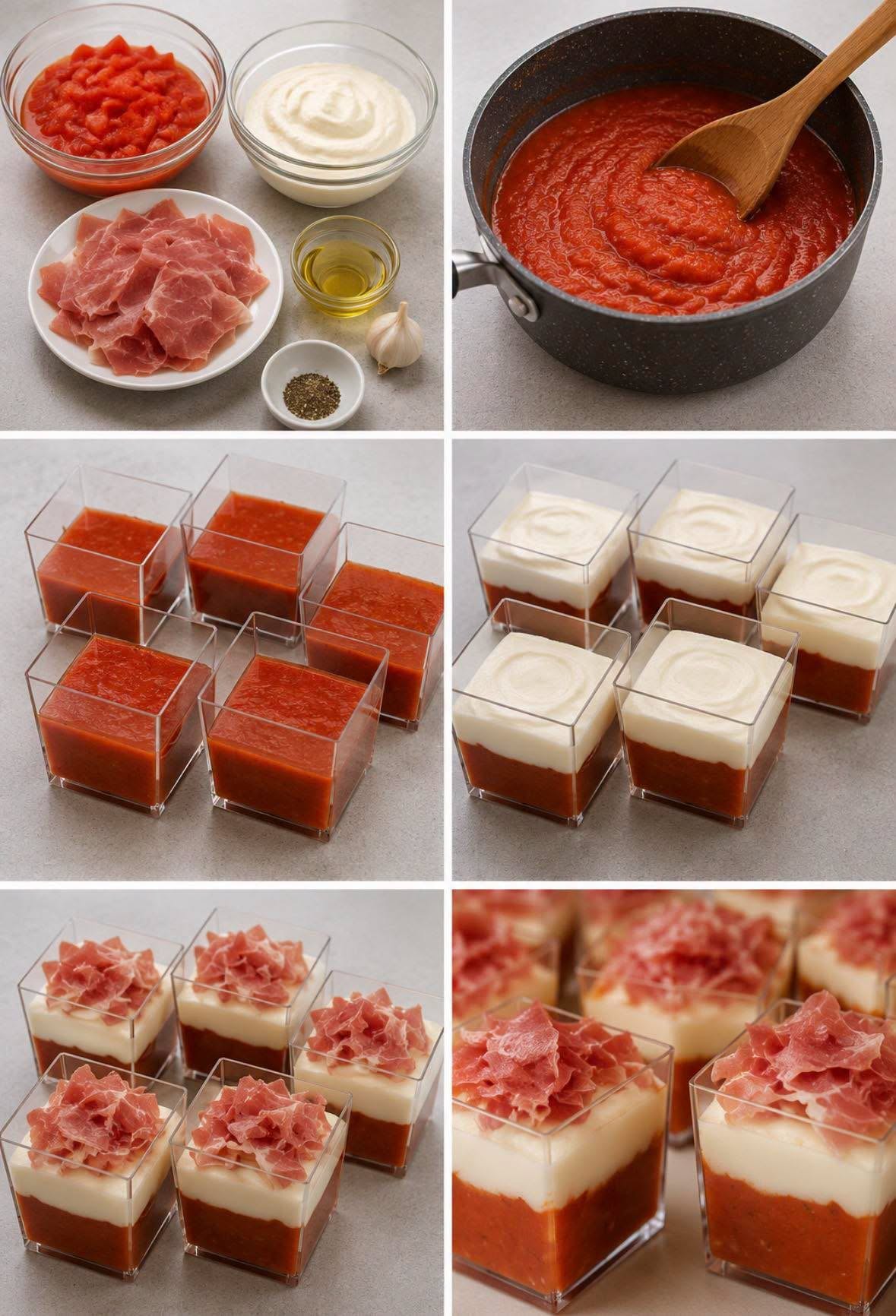 Pomidorai, parmezano kremas ir prosciutto verrinos: prašmatnus ir gurmaniškas užkandis