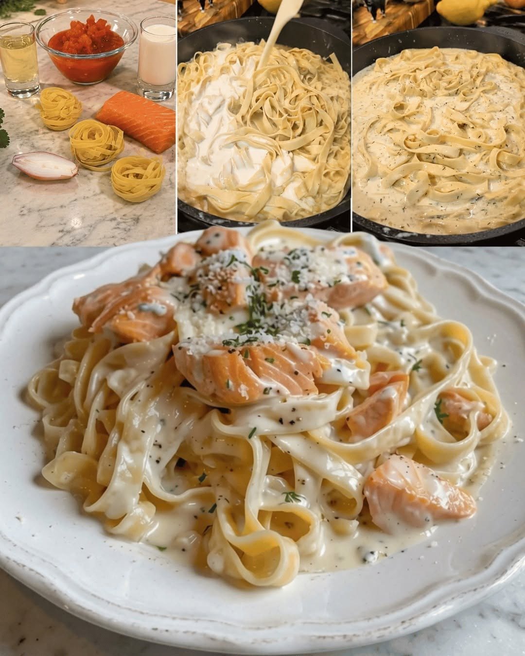 Tagliatelle su šviežia lašiša, krapais ir parmezano migdolų plutele