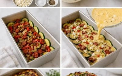 Sūrus gratinas su cukinijomis, chorizo ​​ir fetos sūriu (kepta lazanija)