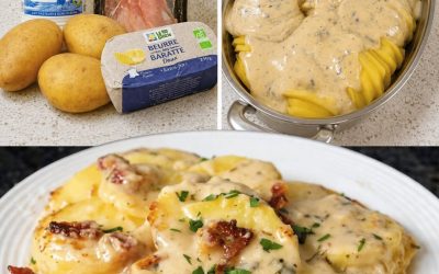 Bulvės „Dauphinoise“ su šonine, kreminiu padažu ir lydytu sūriu