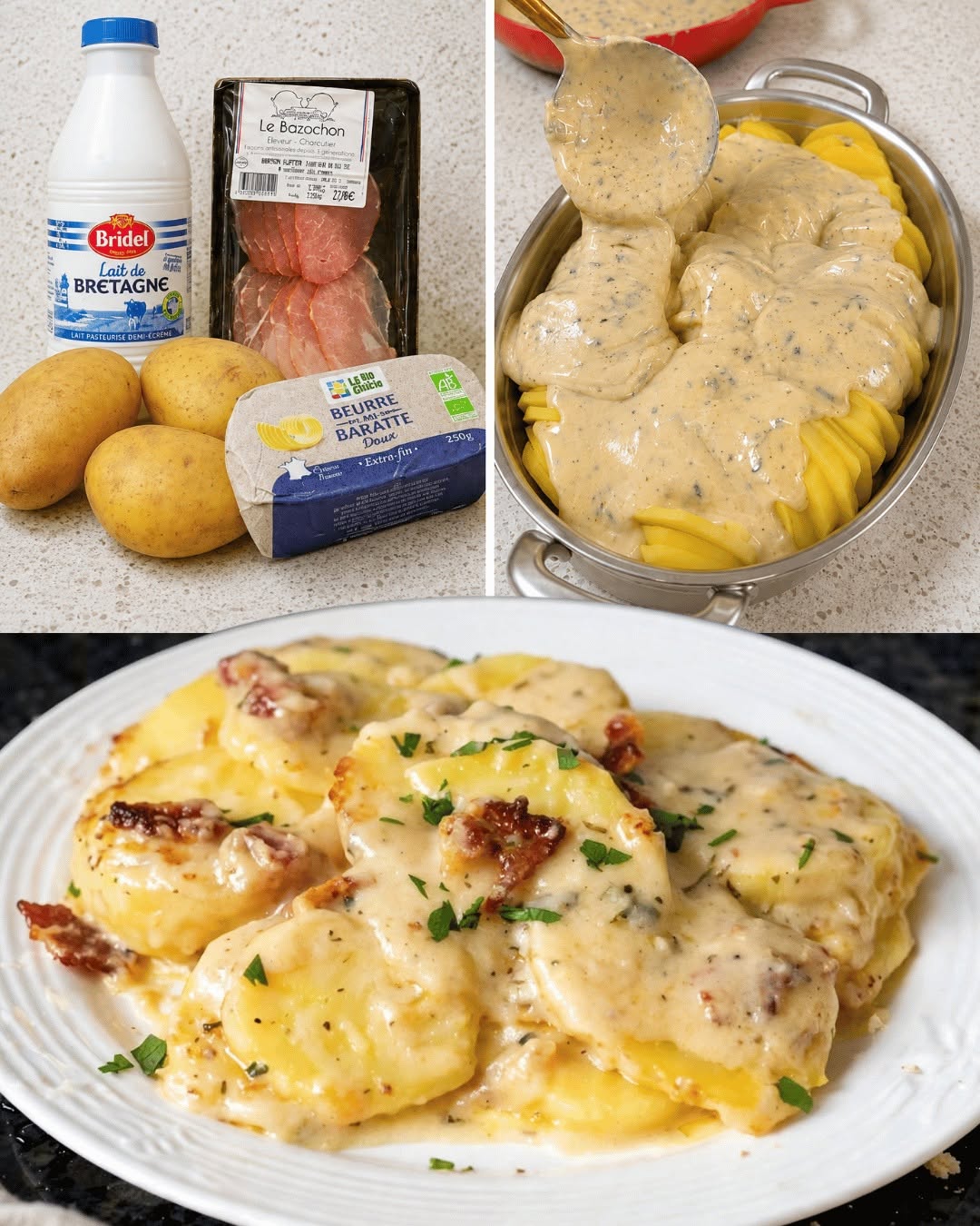 Bulvės „Dauphinoise“ su šonine, kreminiu padažu ir lydytu sūriu